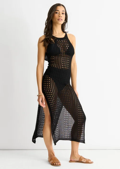 Gini London Black Crochet Knit Bodycon Slit Dress - Size 8 Image 4