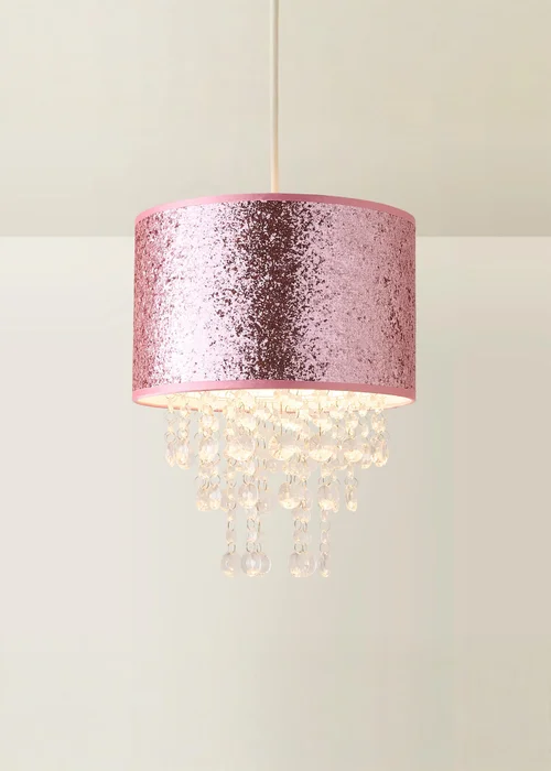 ValueLights Bonita Fabric Glitter Pink Drum Ceiling Pendant Shade (34cm x 28cm x 28cm) - One Size Image 5