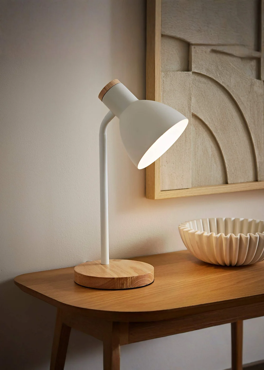 ValueLights Woody White Table Lamp with Tapered Shade (36cm x 19cm x 14cm) - One Size Image 1