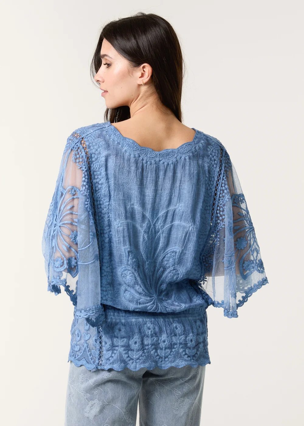 Blue Vanilla Denim Floral Lace Butterfly Sleeve Blouse - S/M Image 2