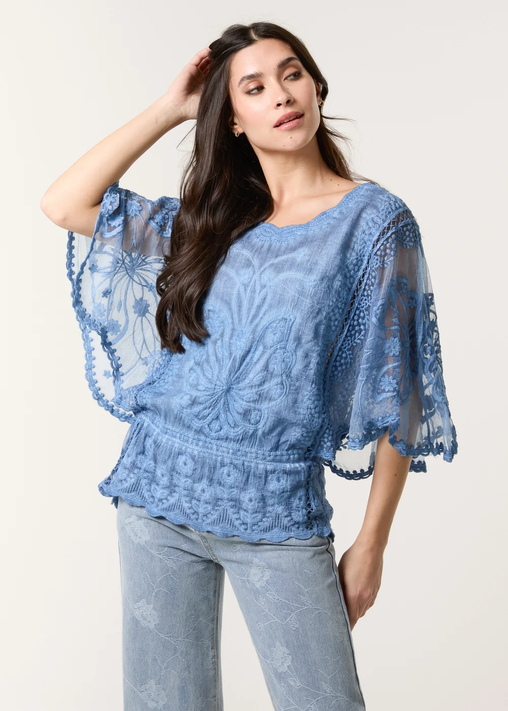 Blue Vanilla Denim Floral Lace Butterfly Sleeve Blouse - S/M Image 1