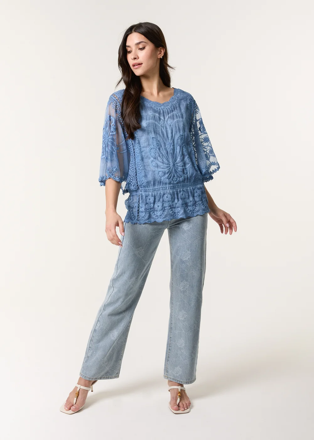 Blue Vanilla Denim Floral Lace Butterfly Sleeve Blouse - S/M Image 3