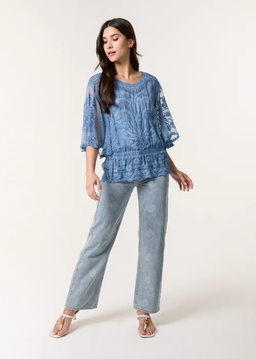 Blue Vanilla Denim Floral Lace Butterfly Sleeve Blouse - S/M Image 3