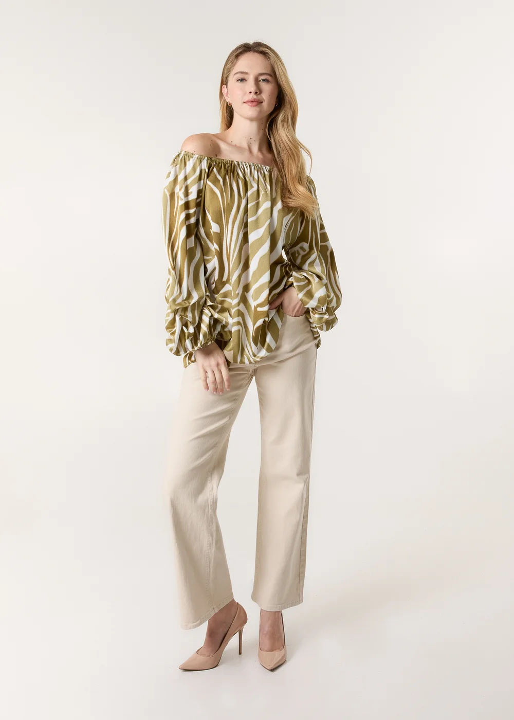 Blue Vanilla White Zebra Satin Ruched Bardot Top - One Size Image 3