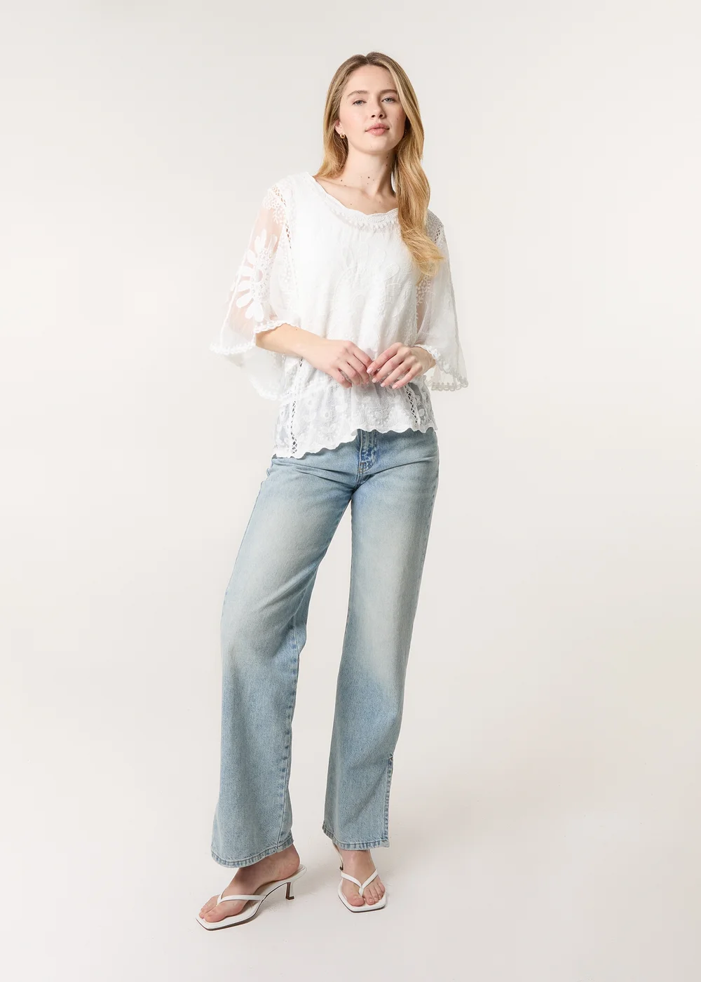 Blue Vanilla Ivory Sun Flower Lace Sleeve Blouse - M/L Image 4