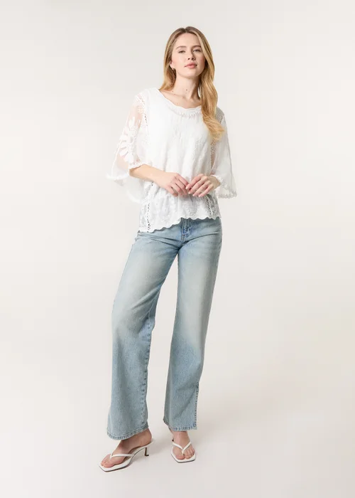 Blue Vanilla Ivory Sun Flower Lace Sleeve Blouse - M/L Image 4