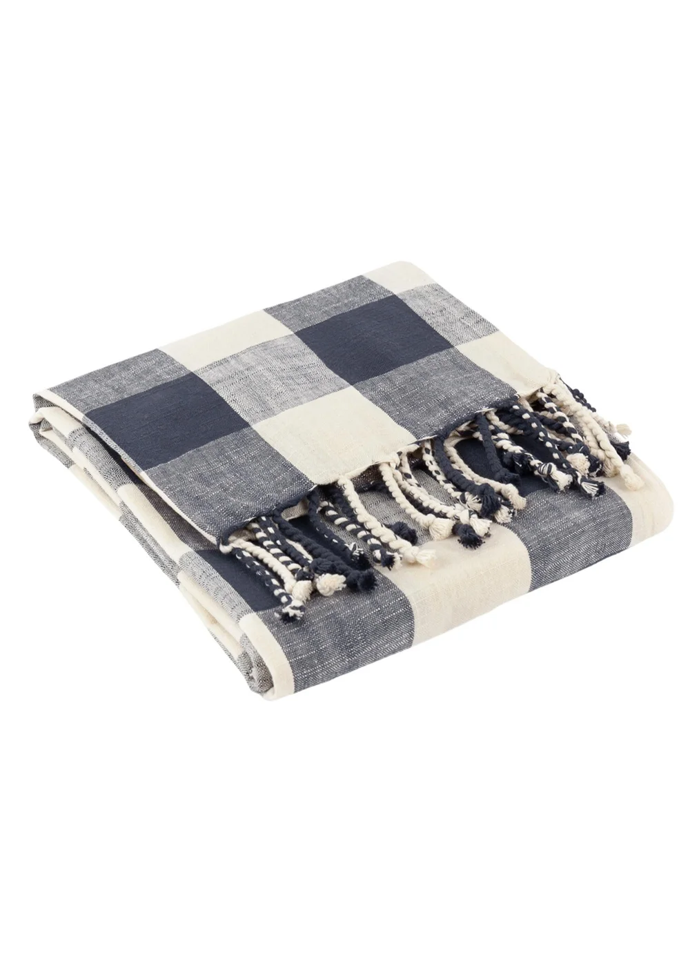 Yard Navy Chesil Check Tasselled 100% Cotton Throw - One Size Image 2