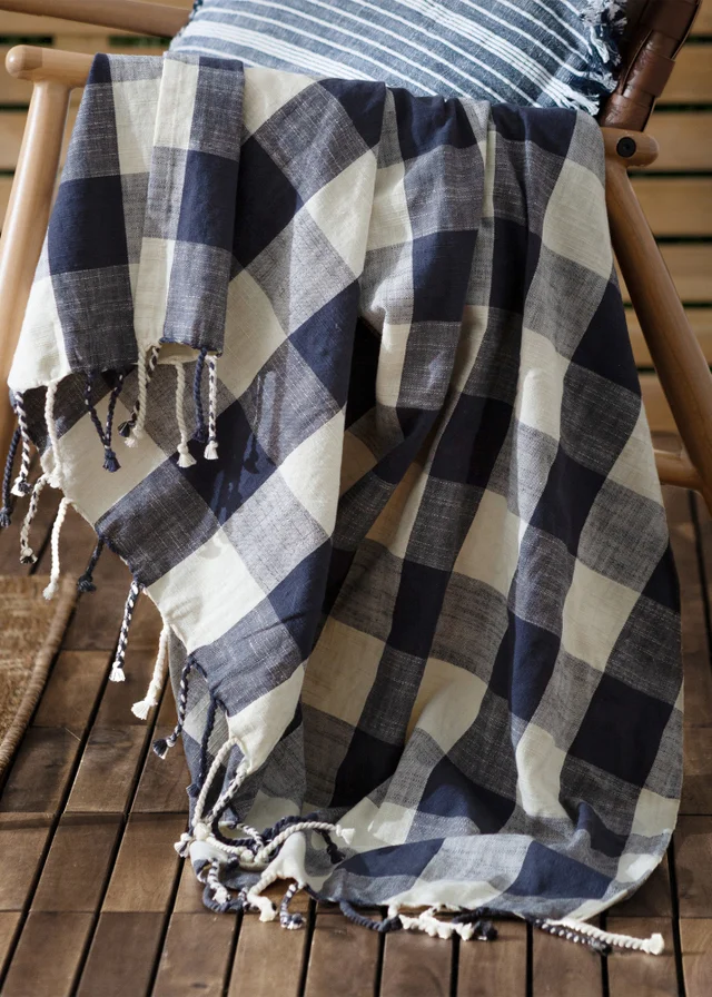 Yard Navy Chesil Check Tasselled 100% Cotton Throw