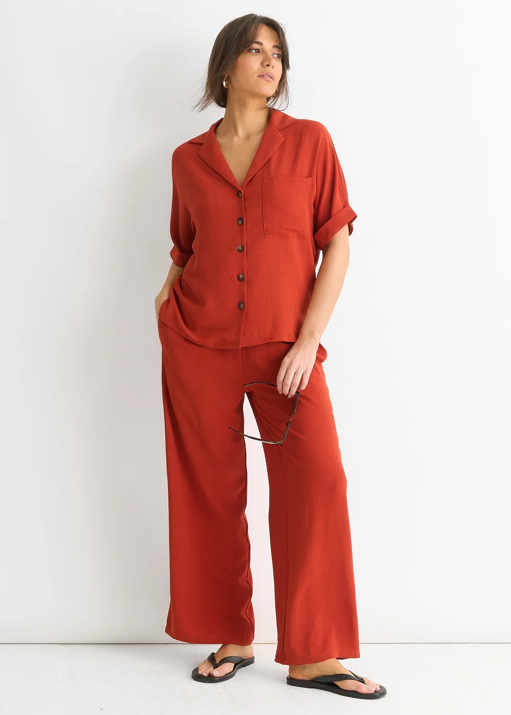Gini London Rust Elastic Waist Wide Leg Trousers - S/M Image 3