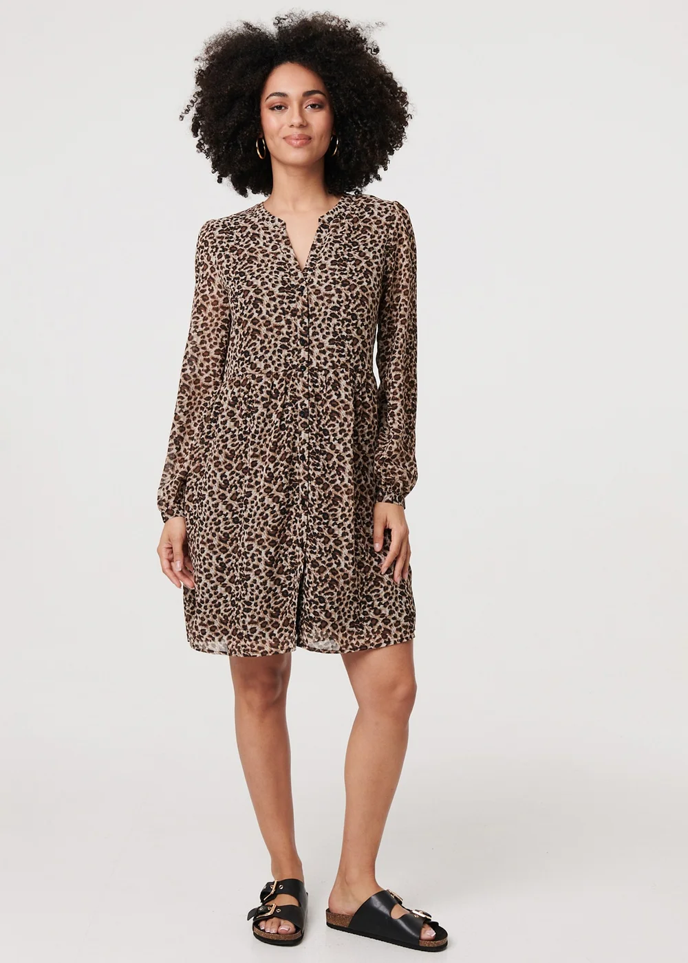 Izabel London Beige Animal Print Long Sleeve Midi Dress - 16 Image 1