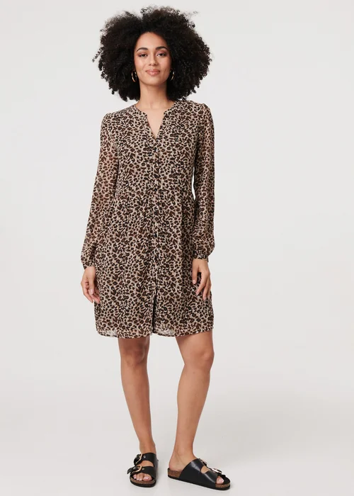 Izabel London Beige Animal Print Long Sleeve Midi Dress - 16 Image 1