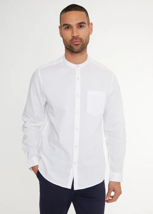Threadbare White Linen Blend Long Sleeve Grandad Collar Shirt - 2XL Image 1