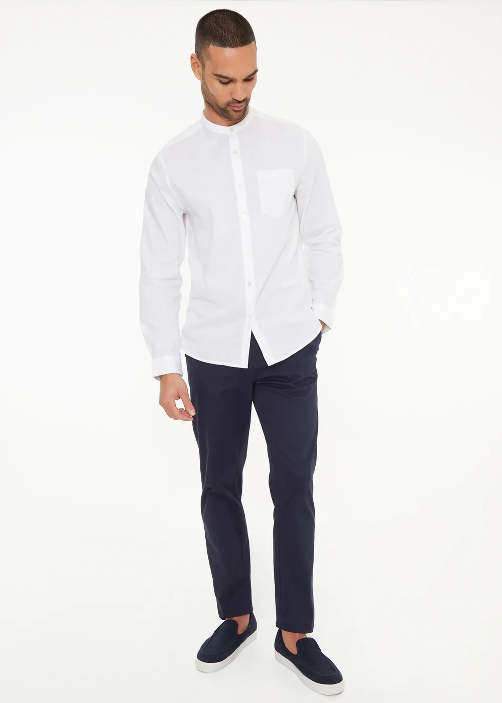Threadbare White Linen Blend Long Sleeve Grandad Collar Shirt - 2XL Image 3