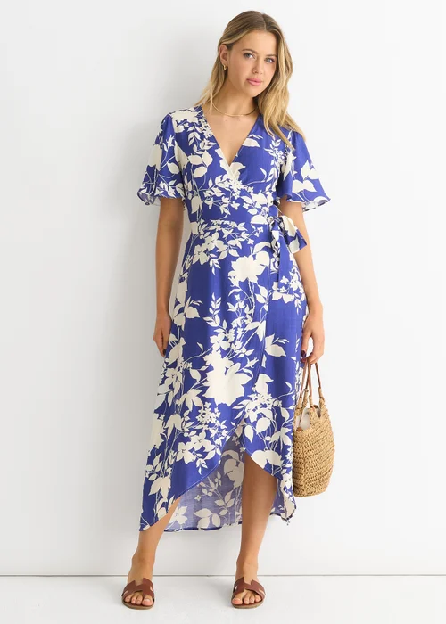 Gini London Blue Viscose Floral Wrap Midi Dress - 10 Image 1