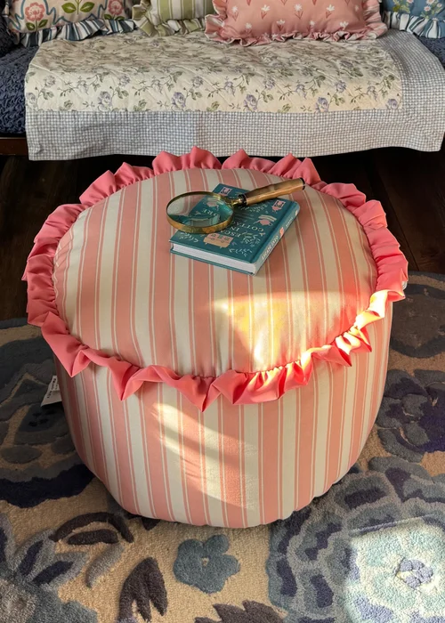 rucomfy Printed Striped Dusky Pink Frilled Pouffe - One Size Image 5