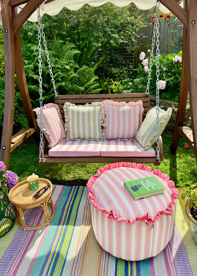 rucomfy Printed Striped Dusky Pink Frilled Pouffe