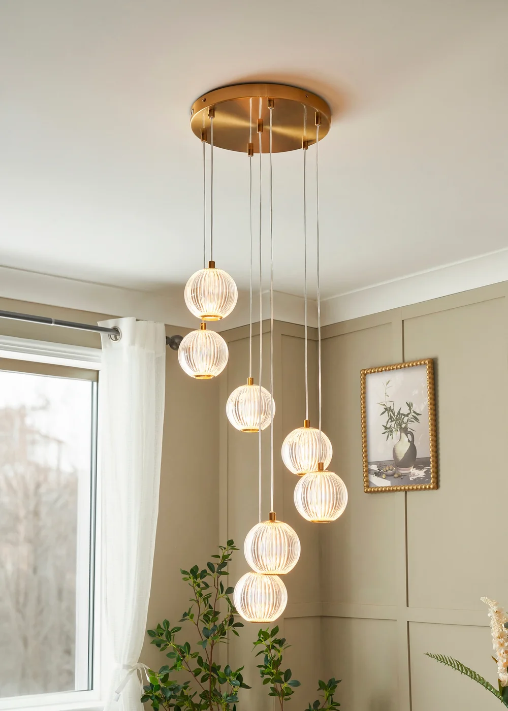 BHS Lighting Raeden LED Brass Acrylic Ball 7 Light Cascade (80-110cm x 36cm) - One Size Adjustable Image 1