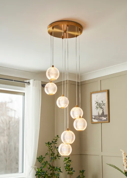 BHS Lighting Raeden LED Brass Acrylic Ball 7 Light Cascade (80-110cm x 36cm) - One Size Adjustable Image 1