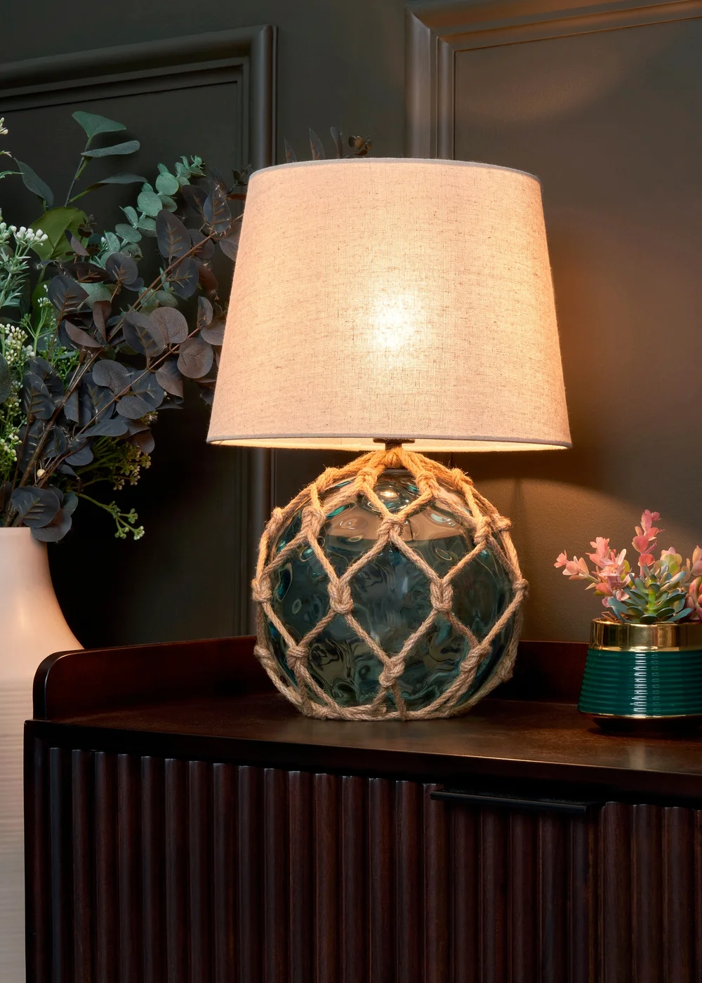 BHS Lighting Seaqua Blue Clear Dimpled Glass Rope Table Lamp (41cm x 28cm) - One Size Image 3
