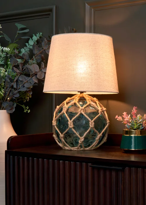BHS Lighting Seaqua Blue Clear Dimpled Glass Rope Table Lamp (41cm x 28cm) - One Size Image 3