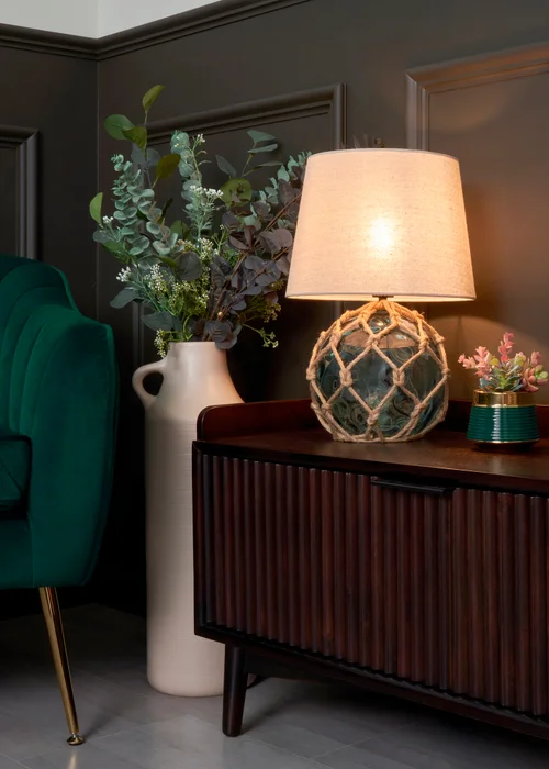 BHS Lighting Seaqua Blue Clear Dimpled Glass Rope Table Lamp (41cm x 28cm) - One Size Image 1