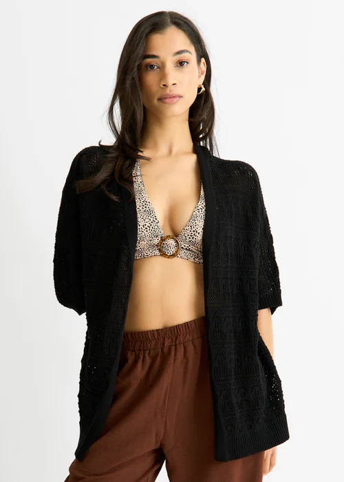 Gini London Black Crochet Knit Edge to Edge Cardigan - 8 Image 3