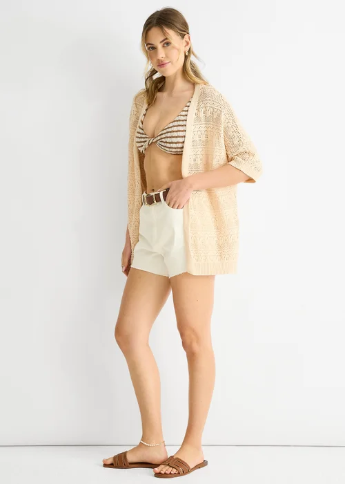 Gini London Beige Crochet Knit Edge to Edge Cardigan - 10 Image 1