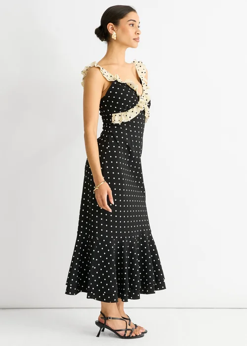 Gini London Black Spot Ruffle Bias Midi dress - 10 Image 4