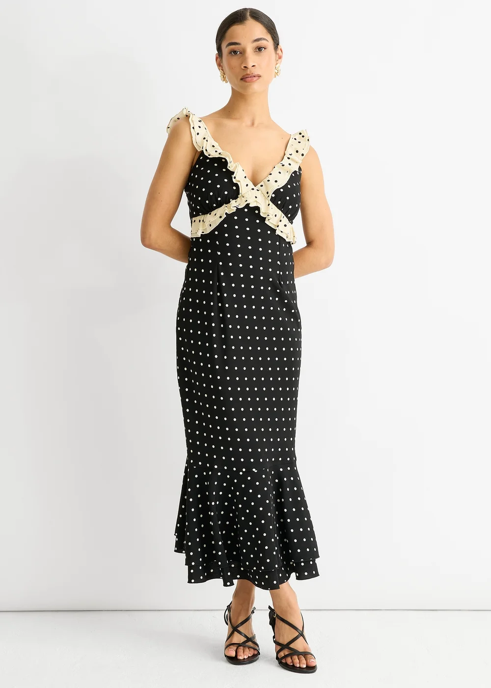 Gini London Black Spot Ruffle Bias Midi dress - 10 Image 1