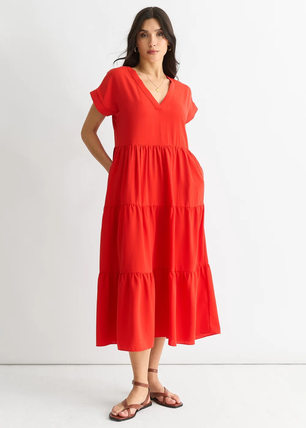 Gini London Red V Neck Pocket Smock Midi Dress - S/M Image 1
