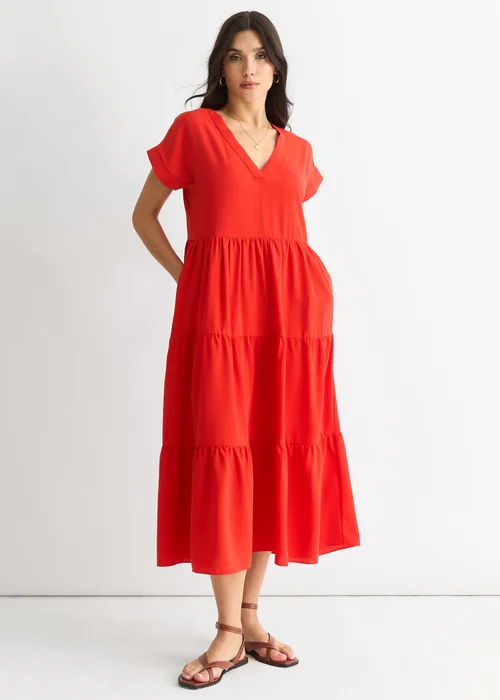 Gini London Red V Neck Pocket Smock Midi Dress - S/M Image 1