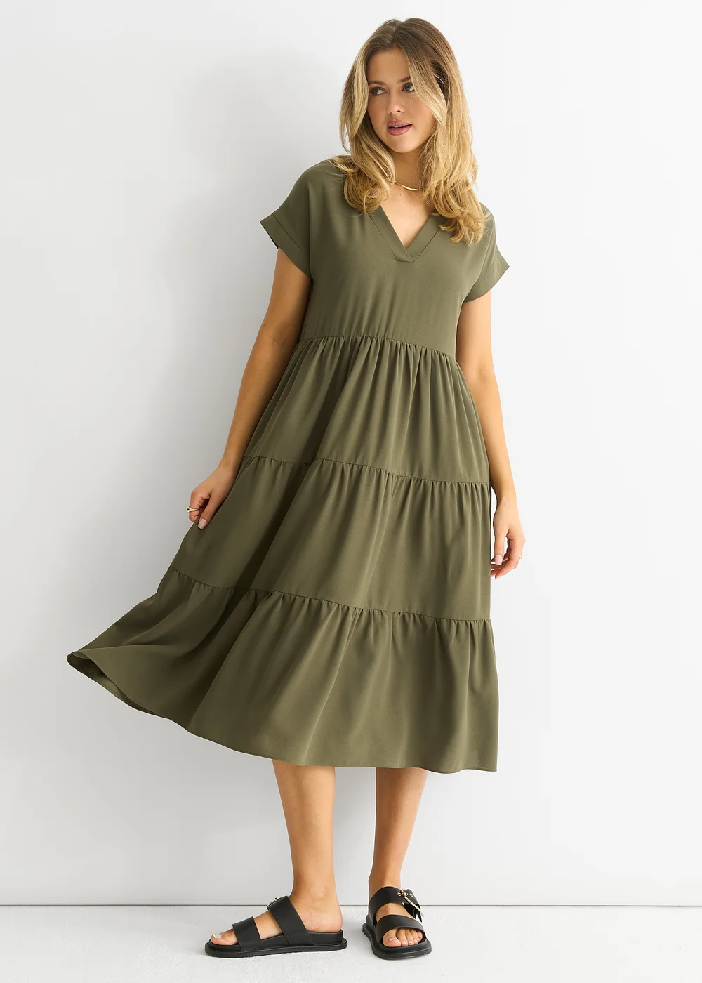 Gini London Khaki V Neck Pocket Smock Midi Dress - L/XL Image 4