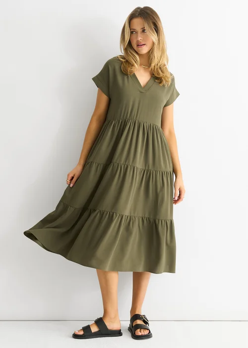 Gini London Khaki V Neck Pocket Smock Midi Dress - L/XL Image 4