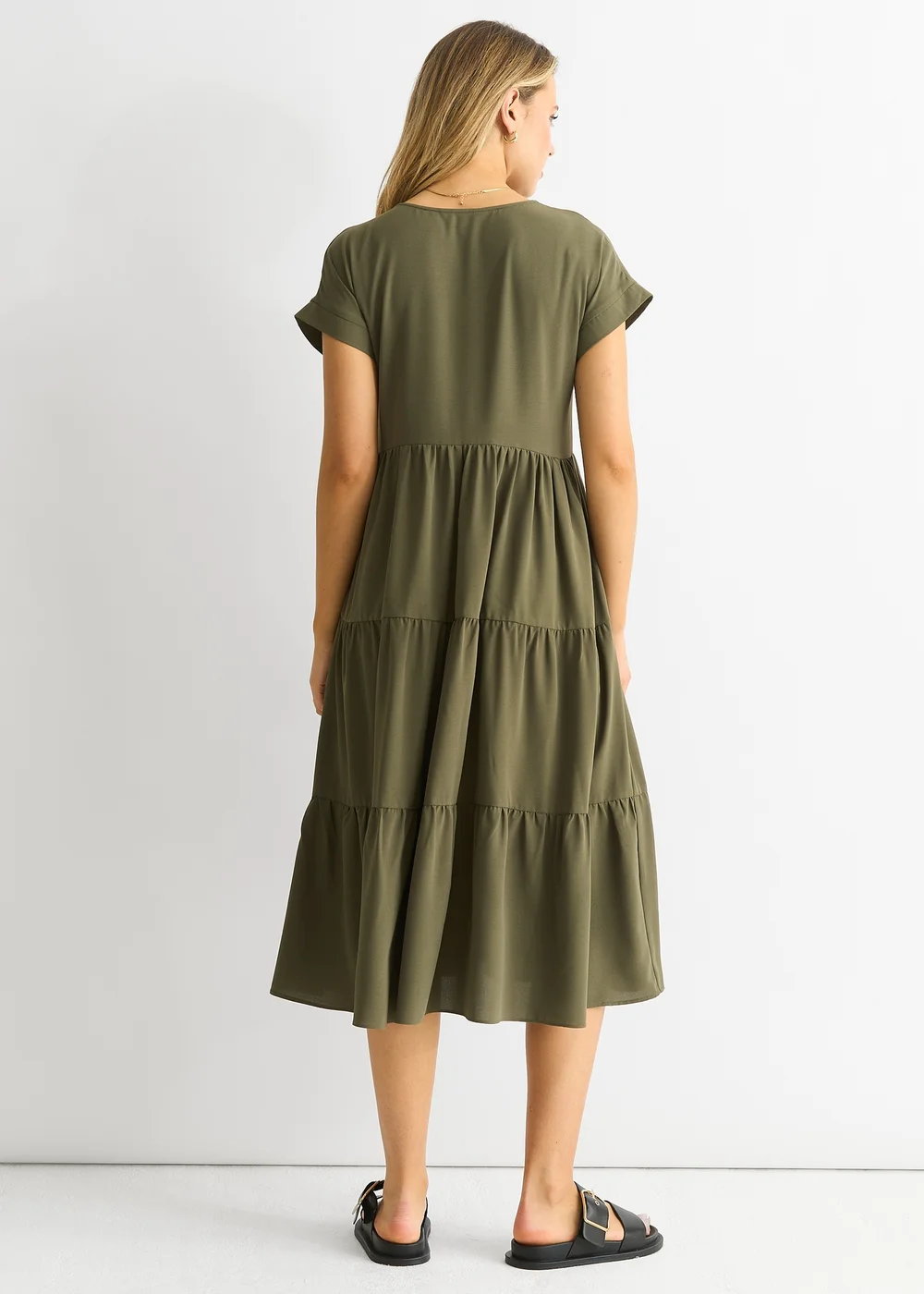 Gini London Khaki V Neck Pocket Smock Midi Dress - L/XL Image 2