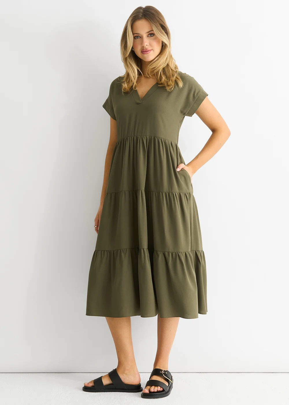 Gini London Khaki V Neck Pocket Smock Midi Dress - L/XL Image 1