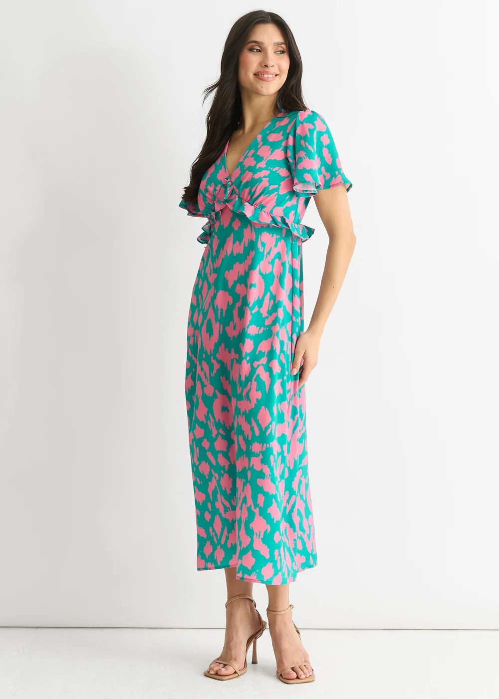 Gini London Green Animal Print V Neck Ruffle Midi Dress - 8 | Matalan Gini London Green Animal Print V Neck Ruffle Midi Dress - 8 | Matalan