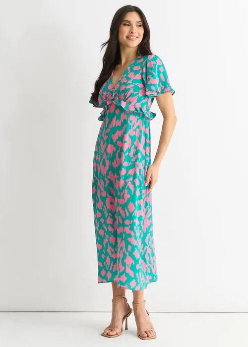 Gini London Green Animal Print V Neck Ruffle Midi Dress - 8 Image 4