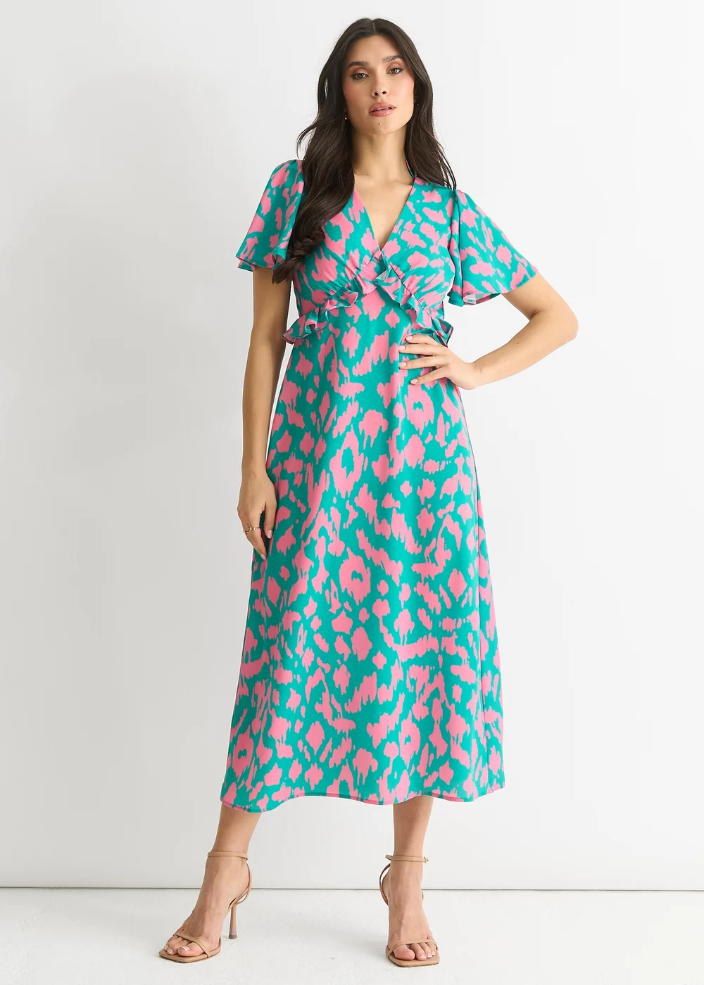 Gini London Green Animal Print V Neck Ruffle Midi Dress - 8 Image 1
