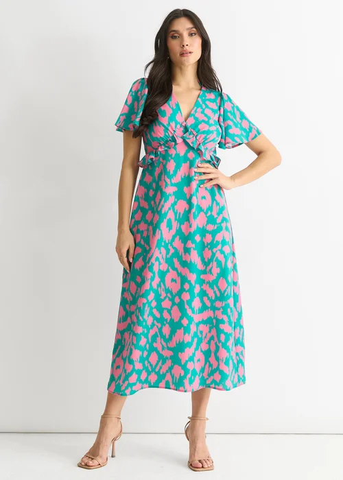 Gini London Green Animal Print V Neck Ruffle Midi Dress - 8 Image 1