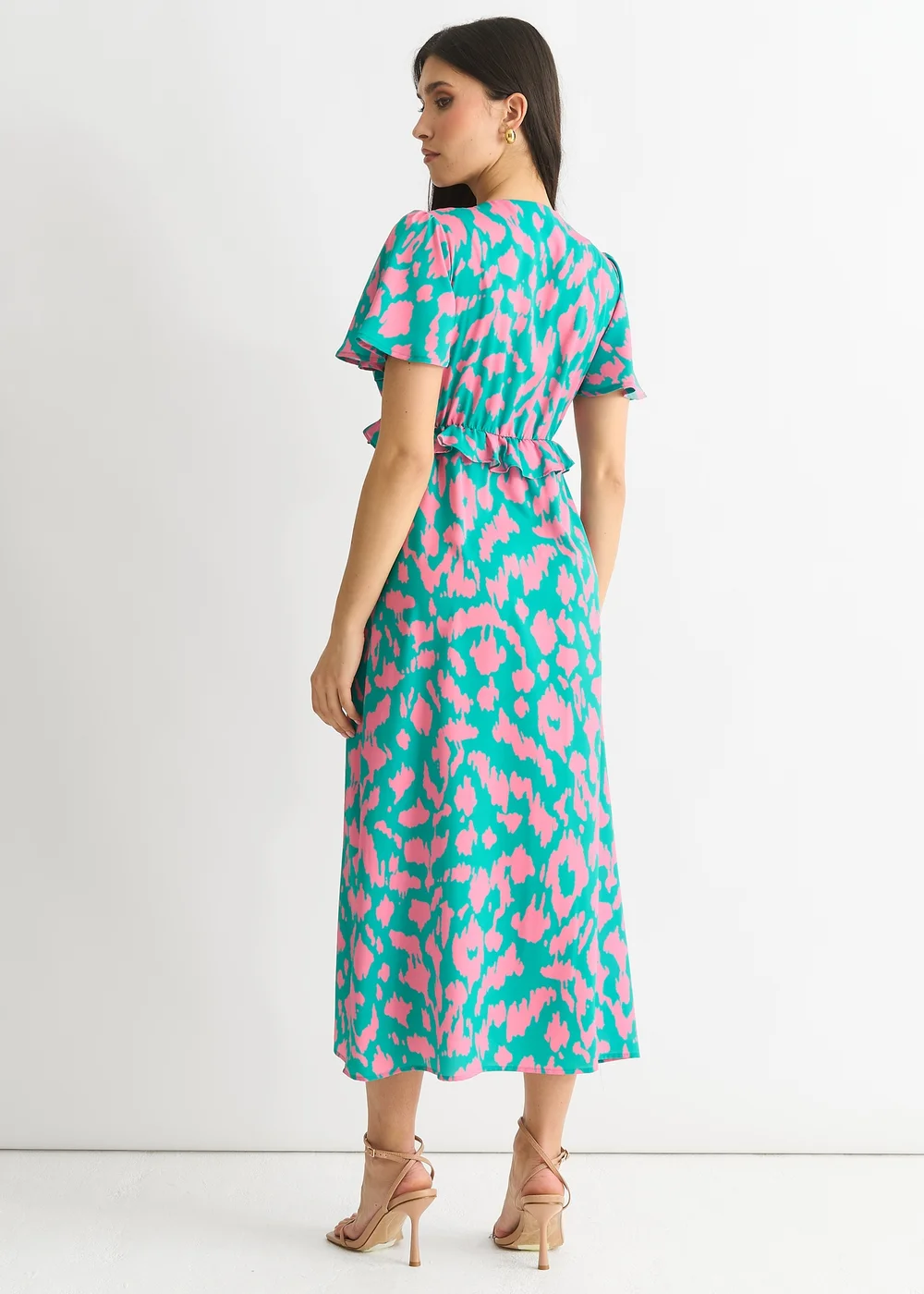 Gini London Green Animal Print V Neck Ruffle Midi Dress - 8 Image 2