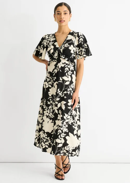 Gini London Black Mono Ruffle V Neck Viscose Midi Dress - 12 Image 1