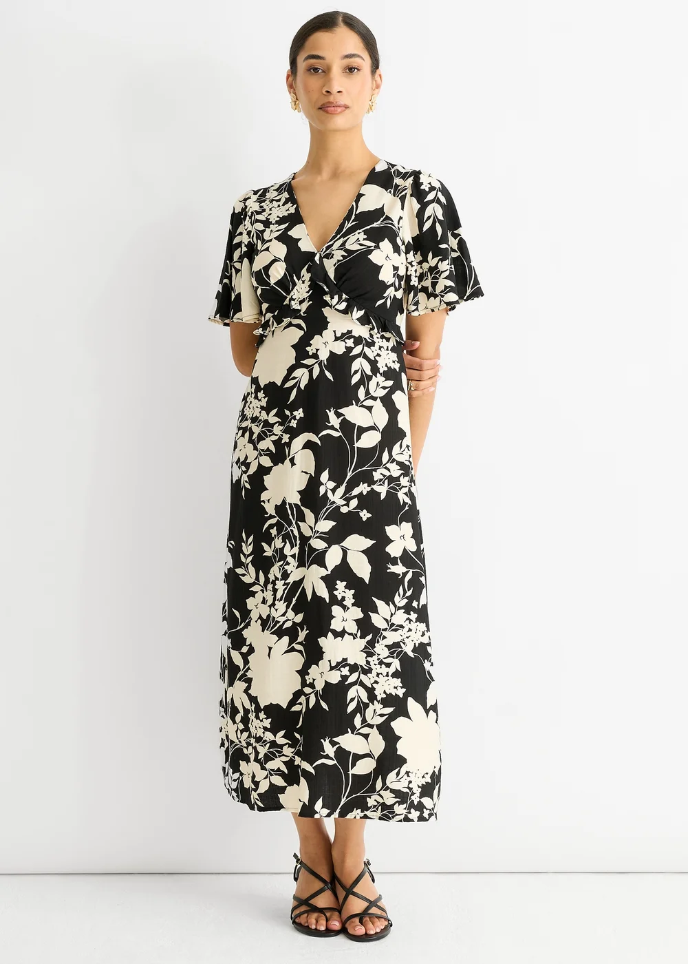 Gini London Black Mono Ruffle V Neck Viscose Midi Dress - 12 Image 4