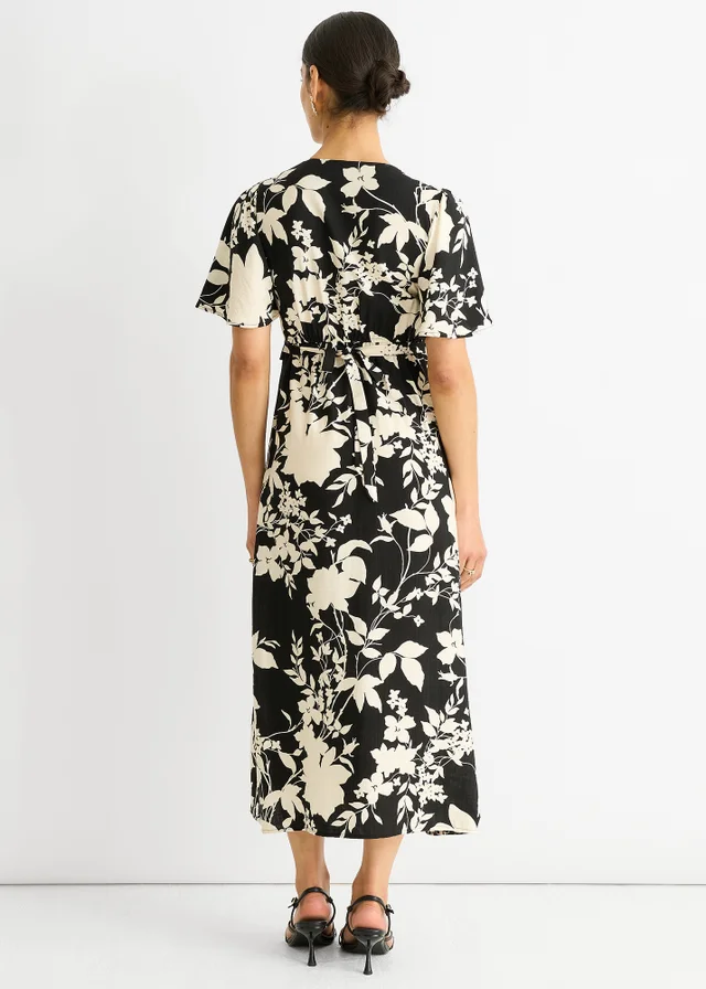 Gini London Black Mono Ruffle V Neck Viscose Midi Dress
