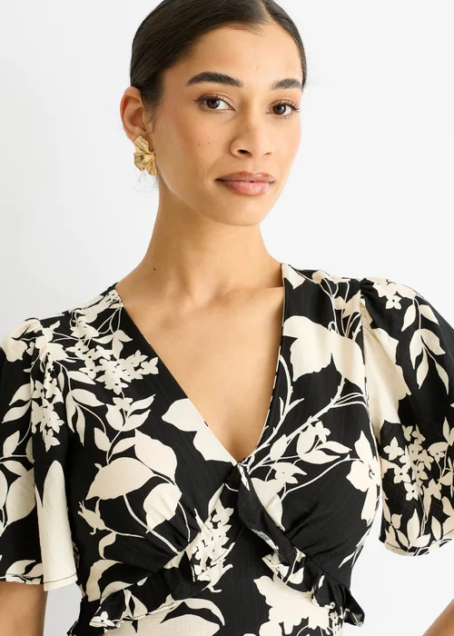 Gini London Black Mono Ruffle V Neck Viscose Midi Dress - 12 Image 3