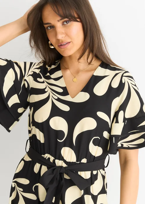 Gini London Black Floral V Neck Elasticated Waist Midi Dress - 8 Image 3