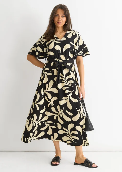 Gini London Black Floral V Neck Elasticated Waist Midi Dress - 8 Image 1