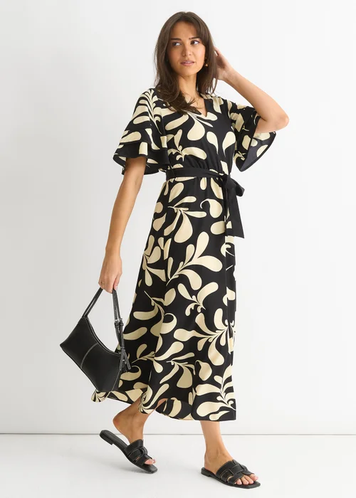 Gini London Black Floral V Neck Elasticated Waist Midi Dress - 8 Image 4