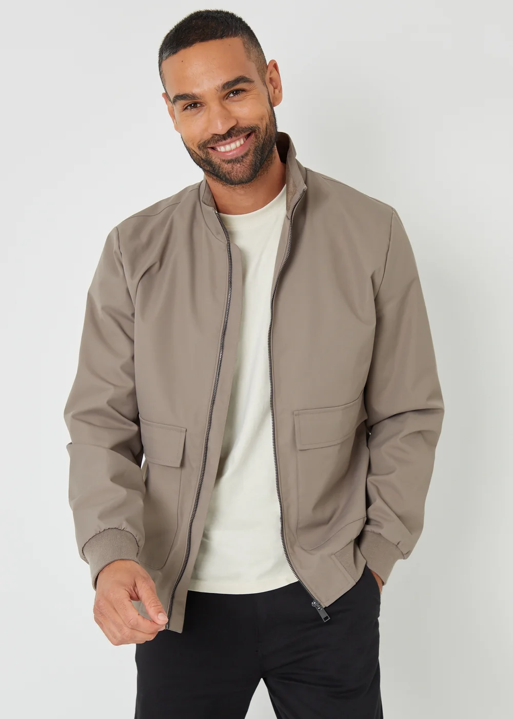 Threadbare Taupe Patch Pocket Funnel Neck Harrington Style Jacket - XL Image 1