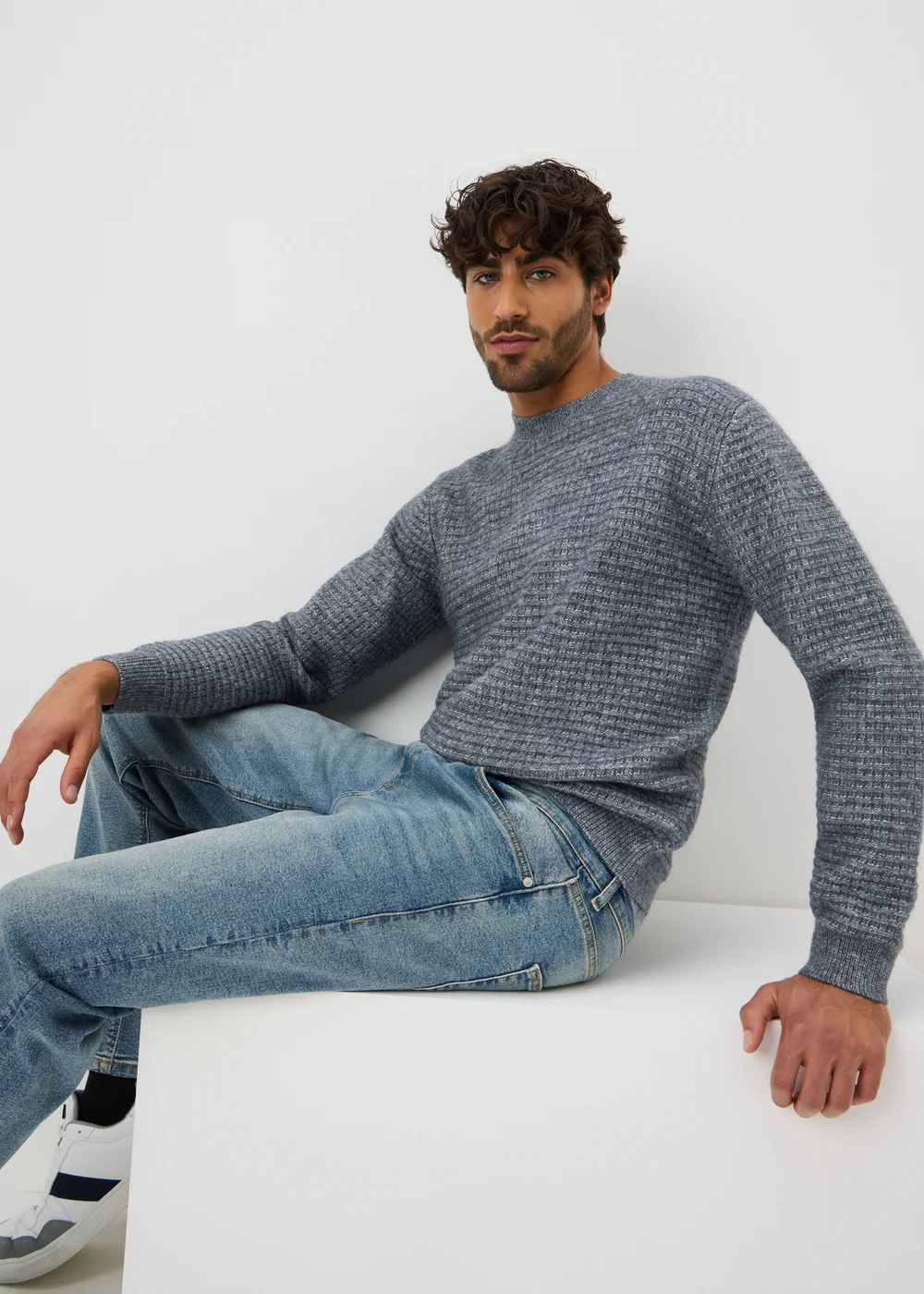 Blue Marl Textured Cosy Jumper - M Image 1