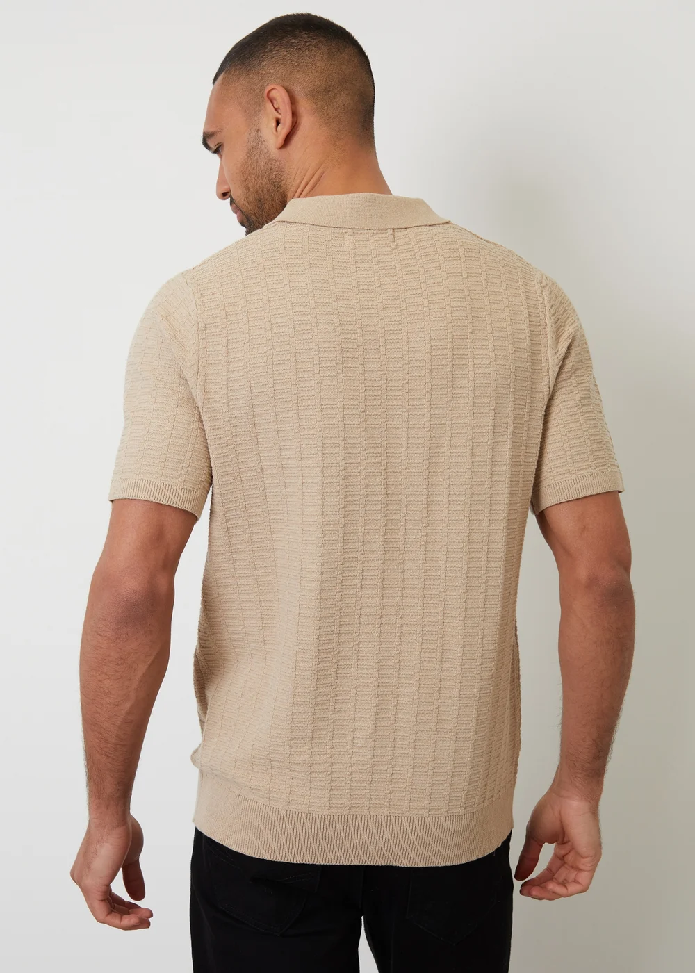 Threadbare Beige Cotton Mix Short Sleeve Textured Knitted Polo Shirt - S Image 2